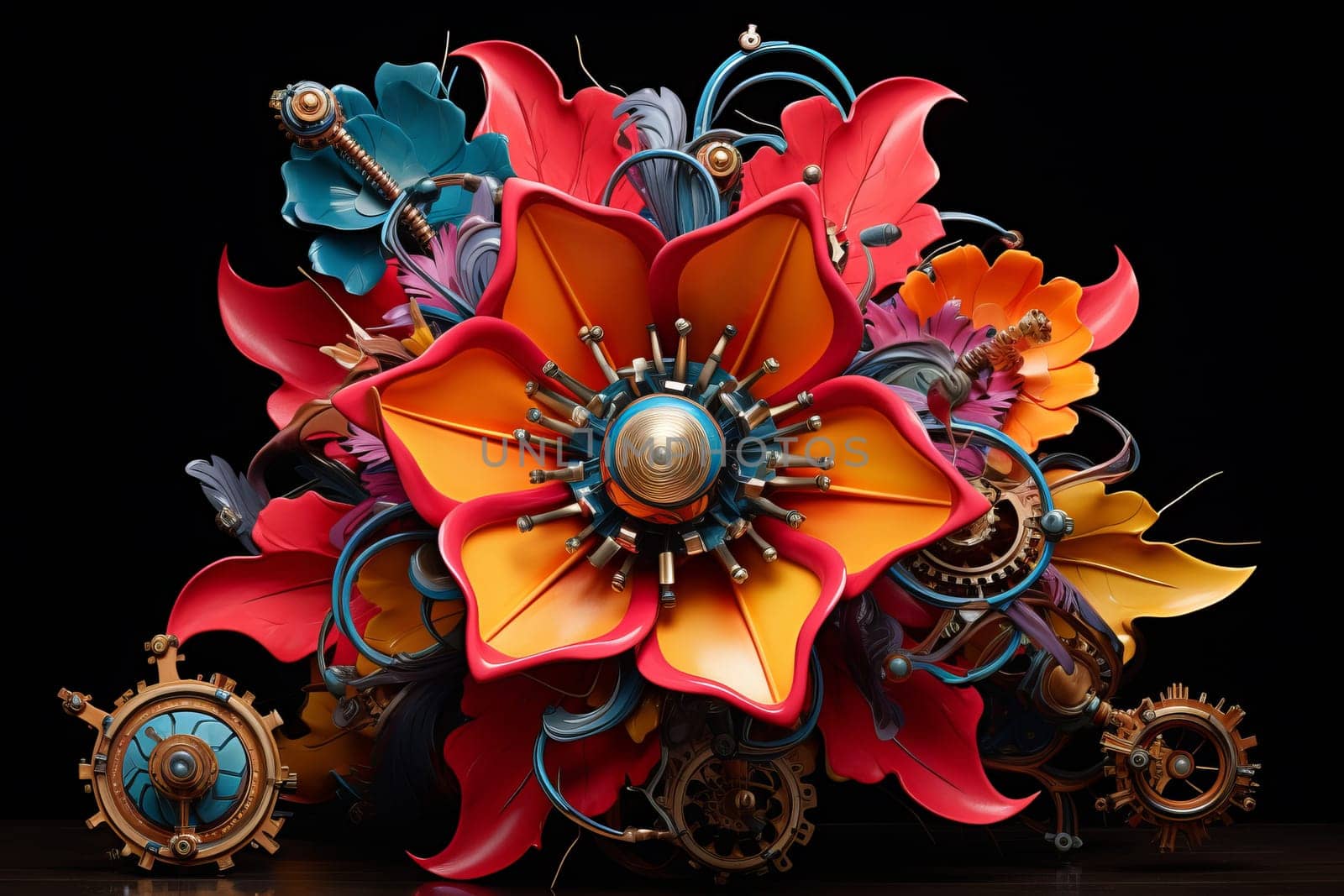 Steampunk-inspired Mechanical flowers. Metal steel sky. Generate Ai