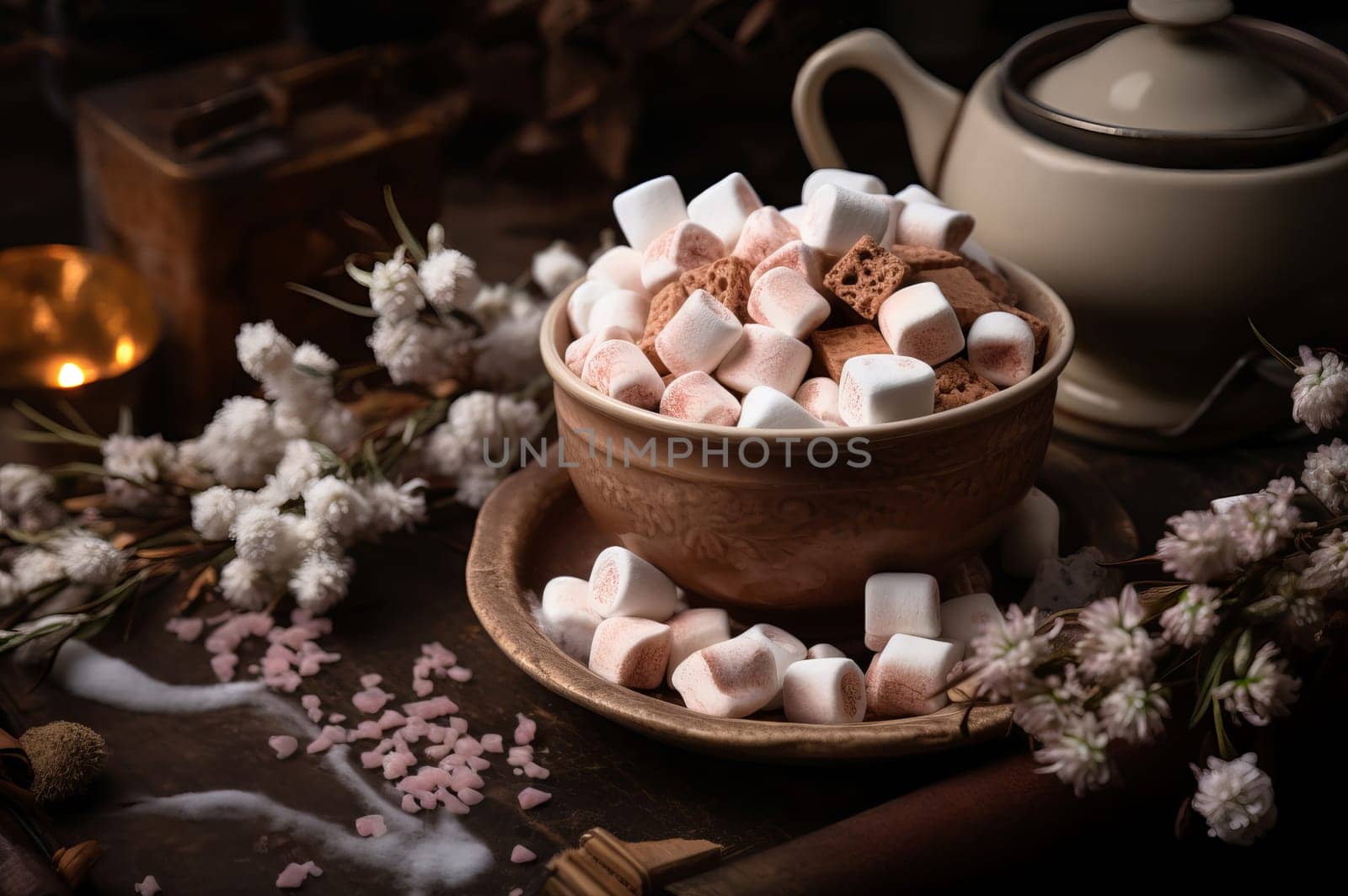 Dreamy Marshmallow background. Soft candy food. Generate Ai