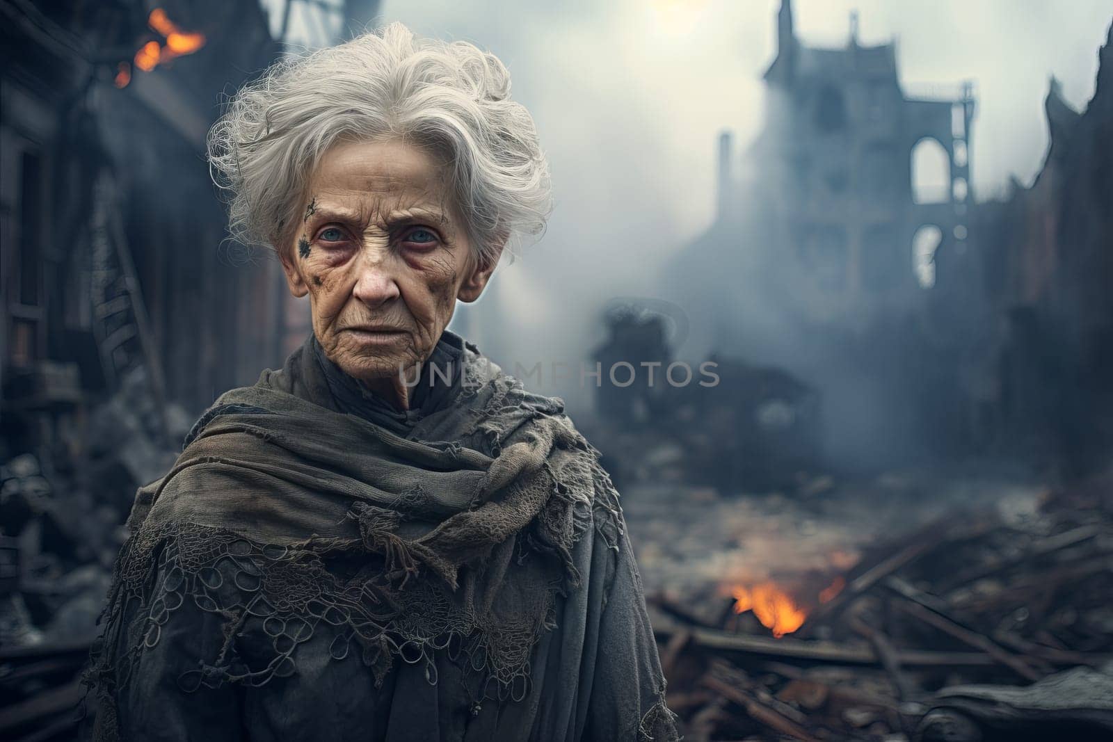 Brave Military senior woman ruined city. Wreck destroyed. Generate Ai