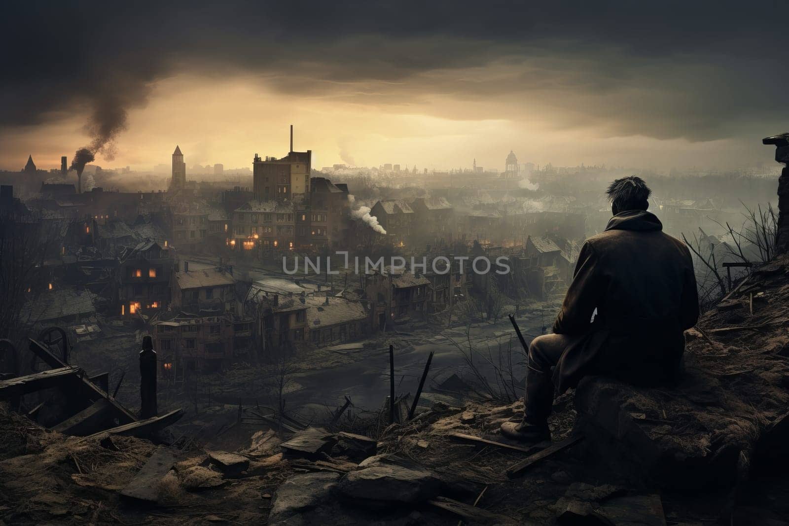 Resilient Military old man ruined city. Street war. Generate Ai