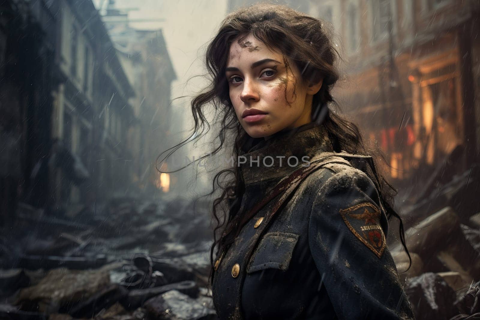 Courageous Military woman strong ruined city. Urban empty. Generate Ai