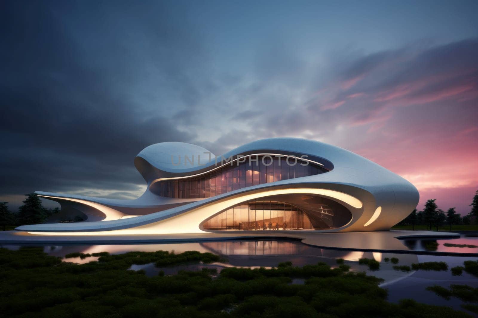 Dynamic Modern architecture facade wave style. New shape geometry edifice. Generate Ai