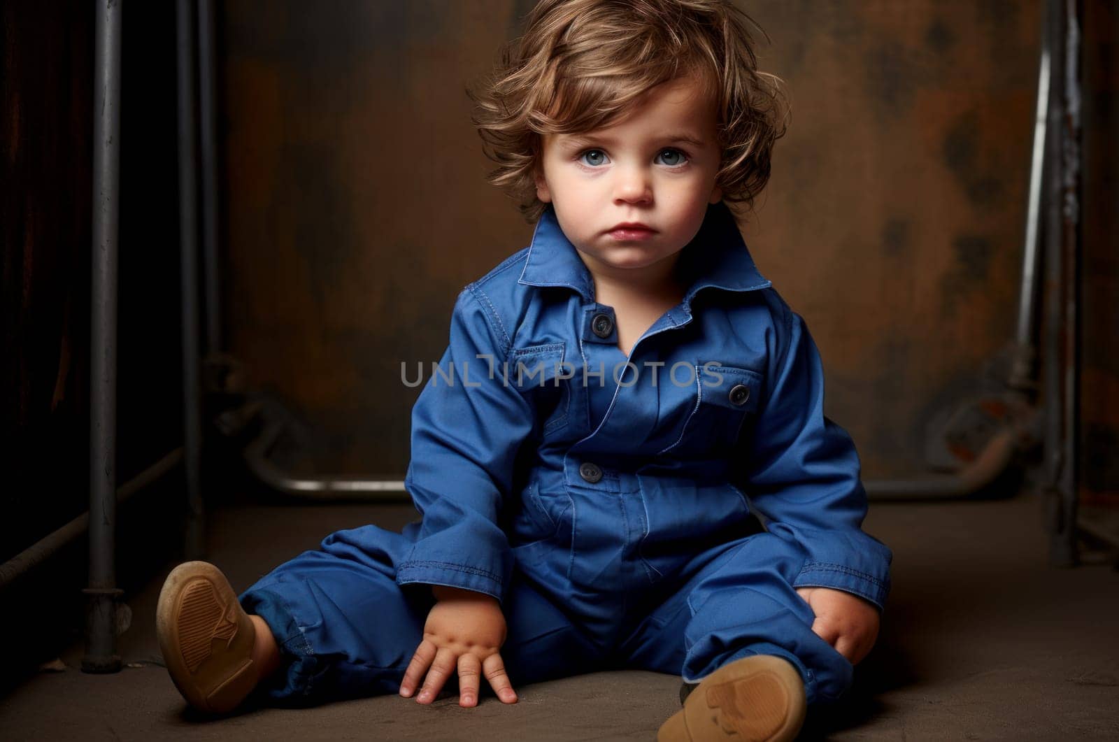 Robust Modern child underground bunker. Blue jumpsuit. Generate Ai