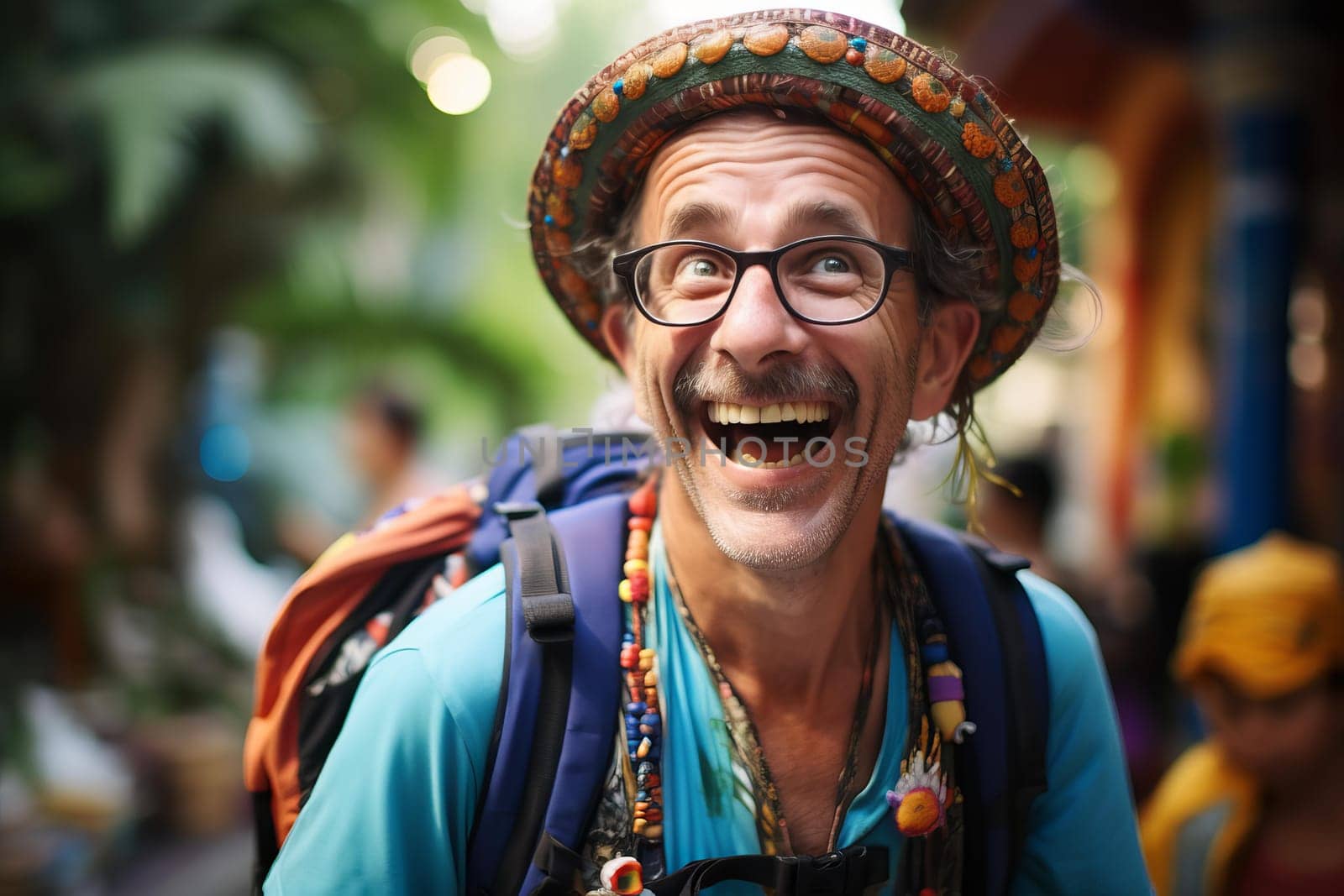 Vibrant Cheerful tourist selfie. City fun. Generate Ai