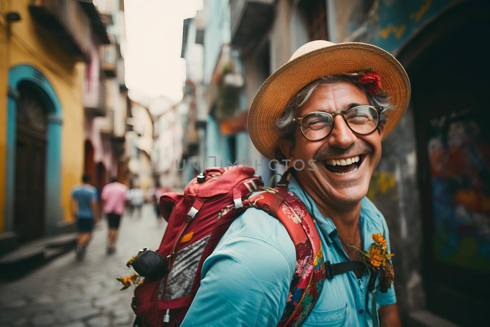 Cheerful tourist selfie. City fun. Generate Ai