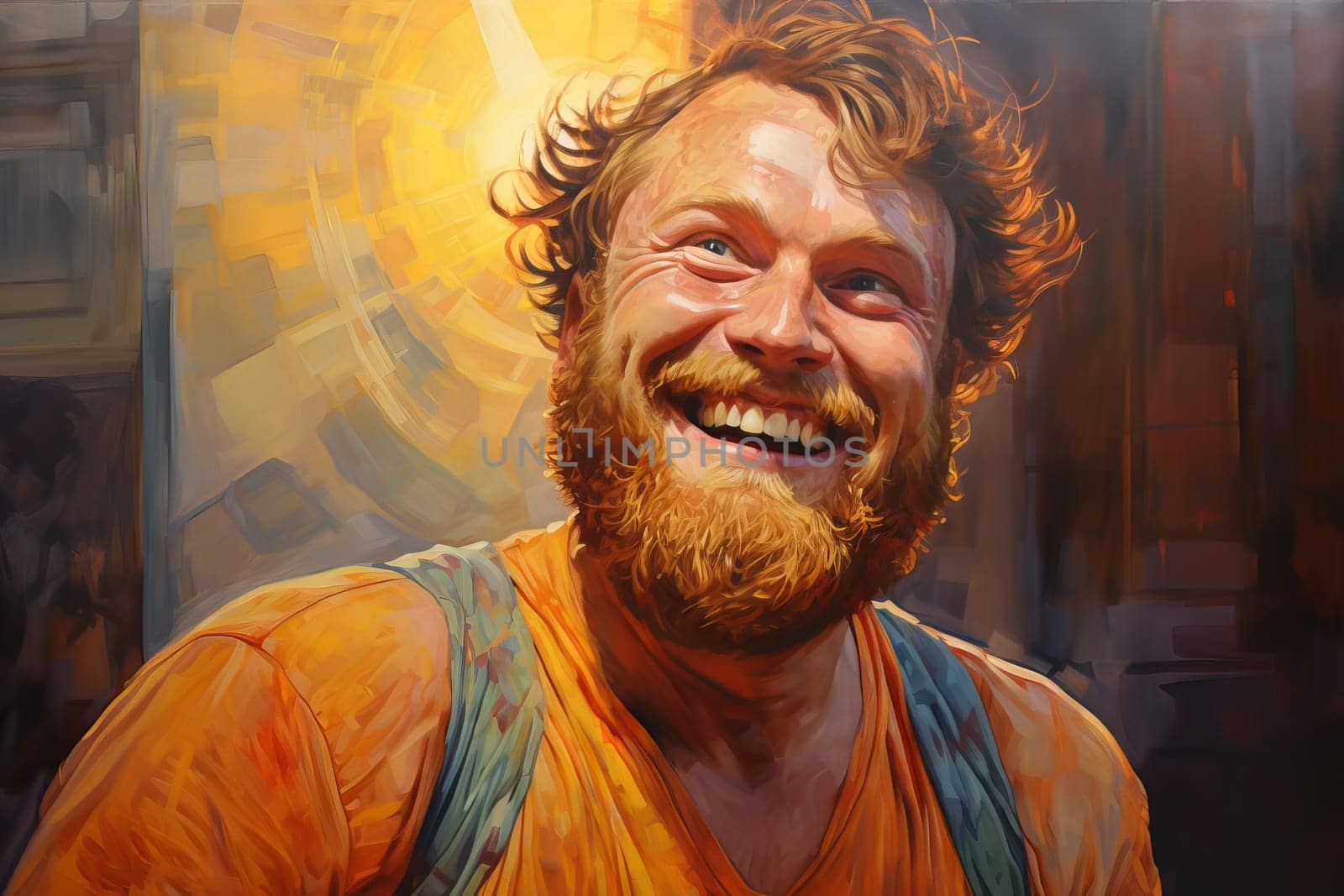 Joyful Portrait of cheerful chunky man sitting in pub. Smiling man holding glass of beer. Generate ai