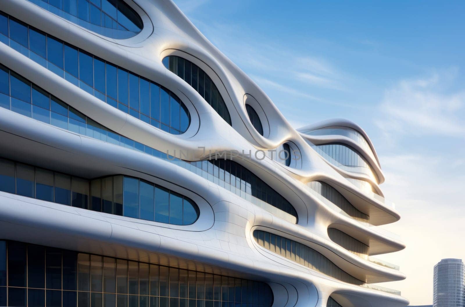 Futuristic Modern architecture facade wave style. New shape geometry edifice. Generate Ai