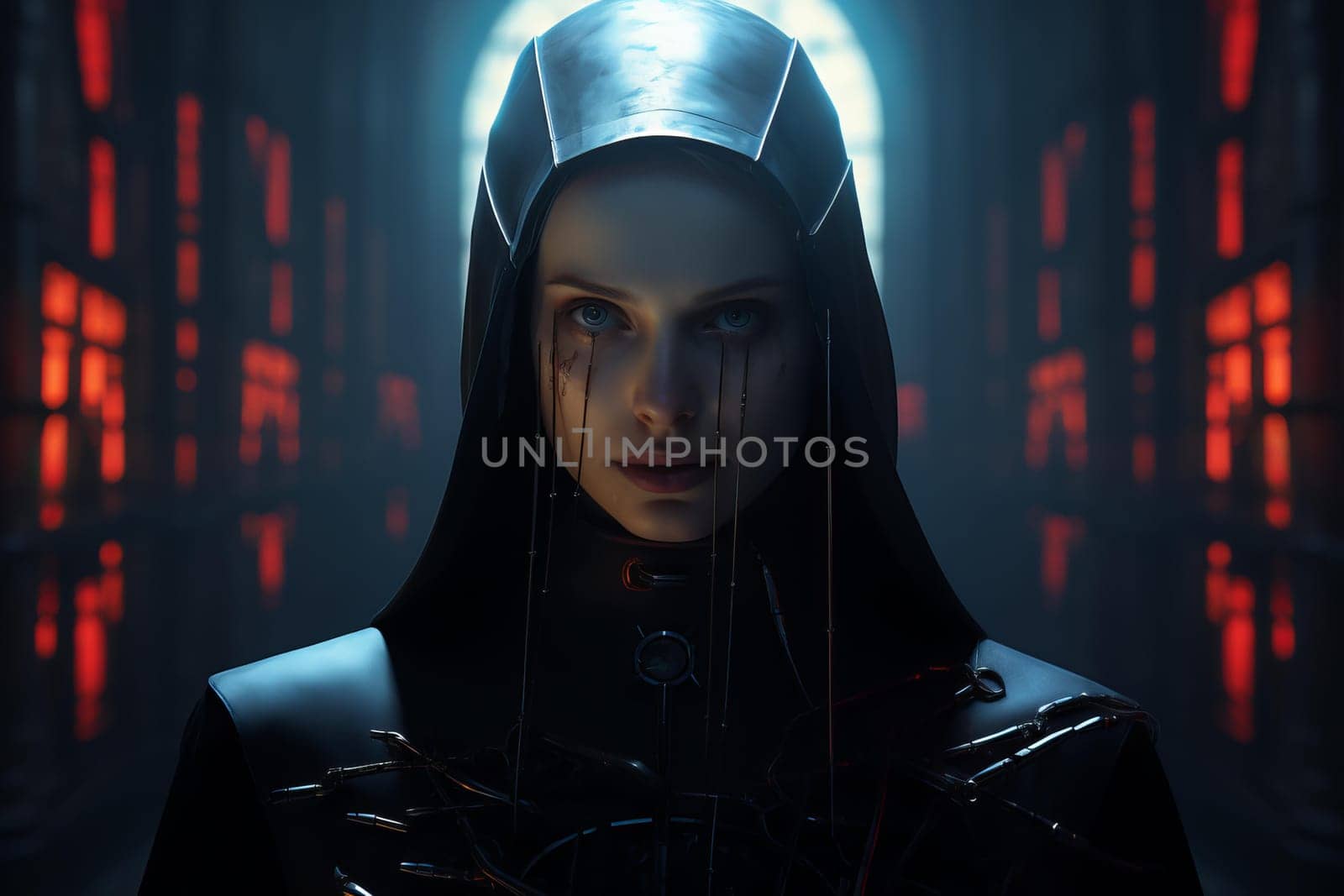 Spiritual Portrait of cyberpunk nun. Futuristic female holy character fantasy. Generate ai