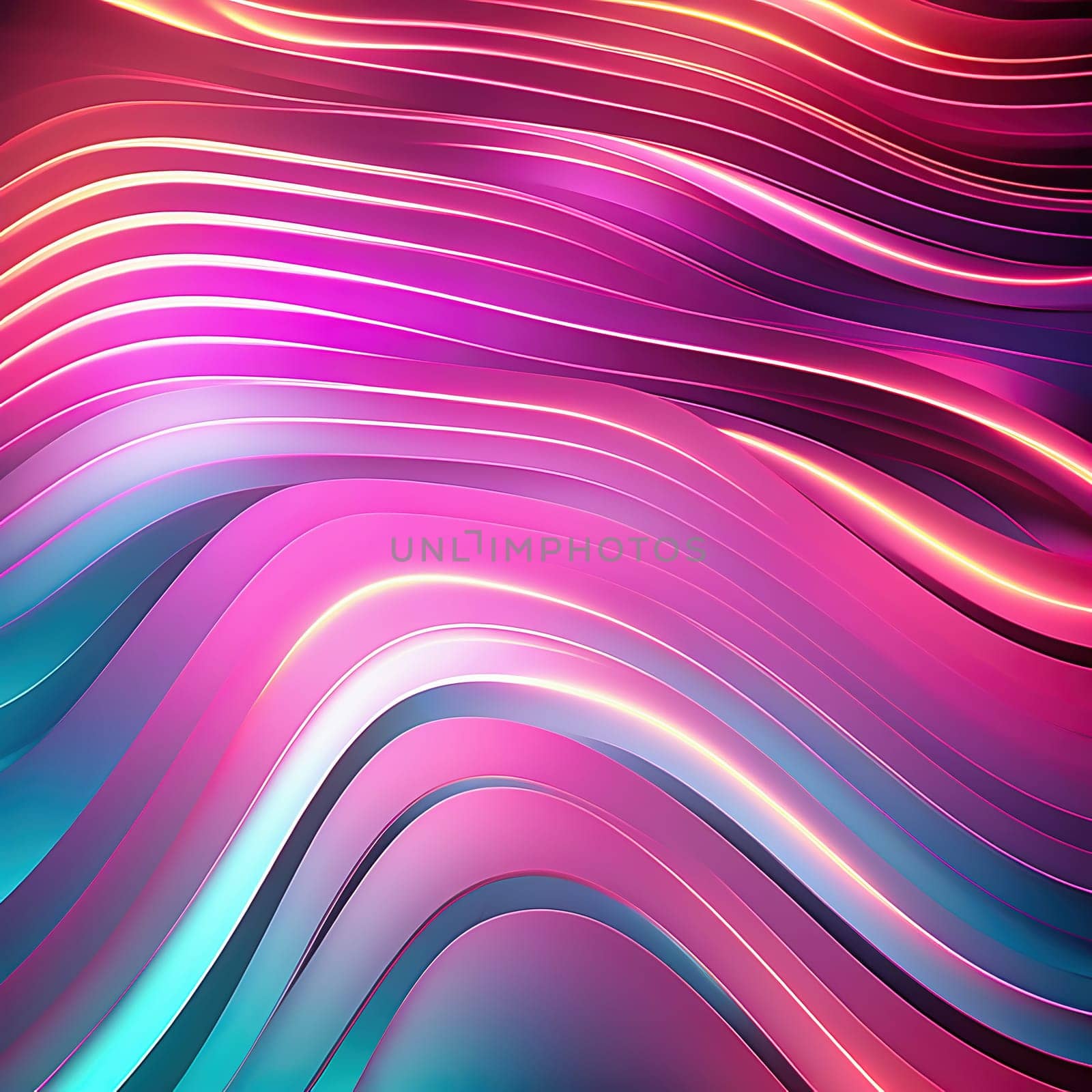 3d render. Abstract panoramic background of twisted dynamic neon lines, in wave form, glows in the dark space. Virtual fluorescent ribbon loop.