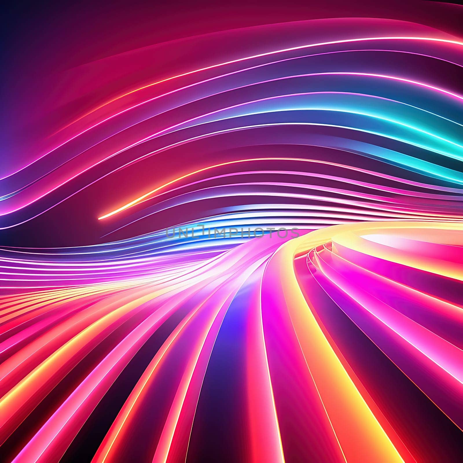 3d render. Abstract panoramic background of twisted dynamic neon lines, in wave form, glows in the dark space. Virtual fluorescent ribbon loop.