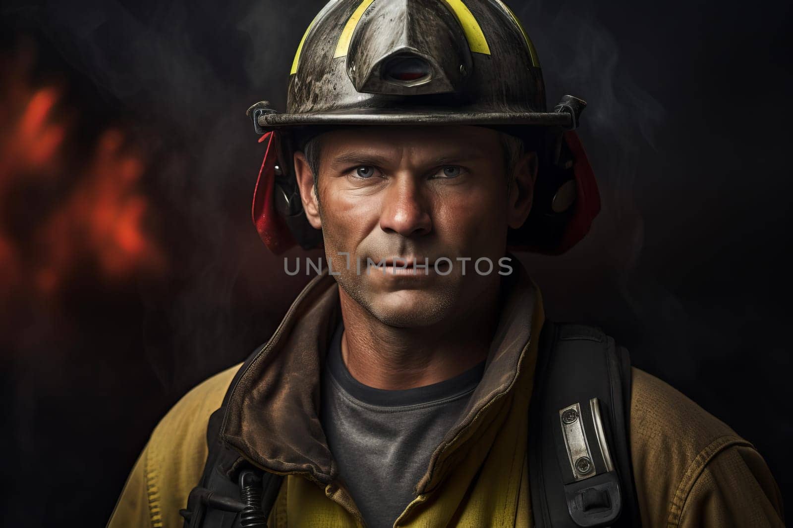 Brave Firefighter portrait. Firemen hero safety. Generate Ai