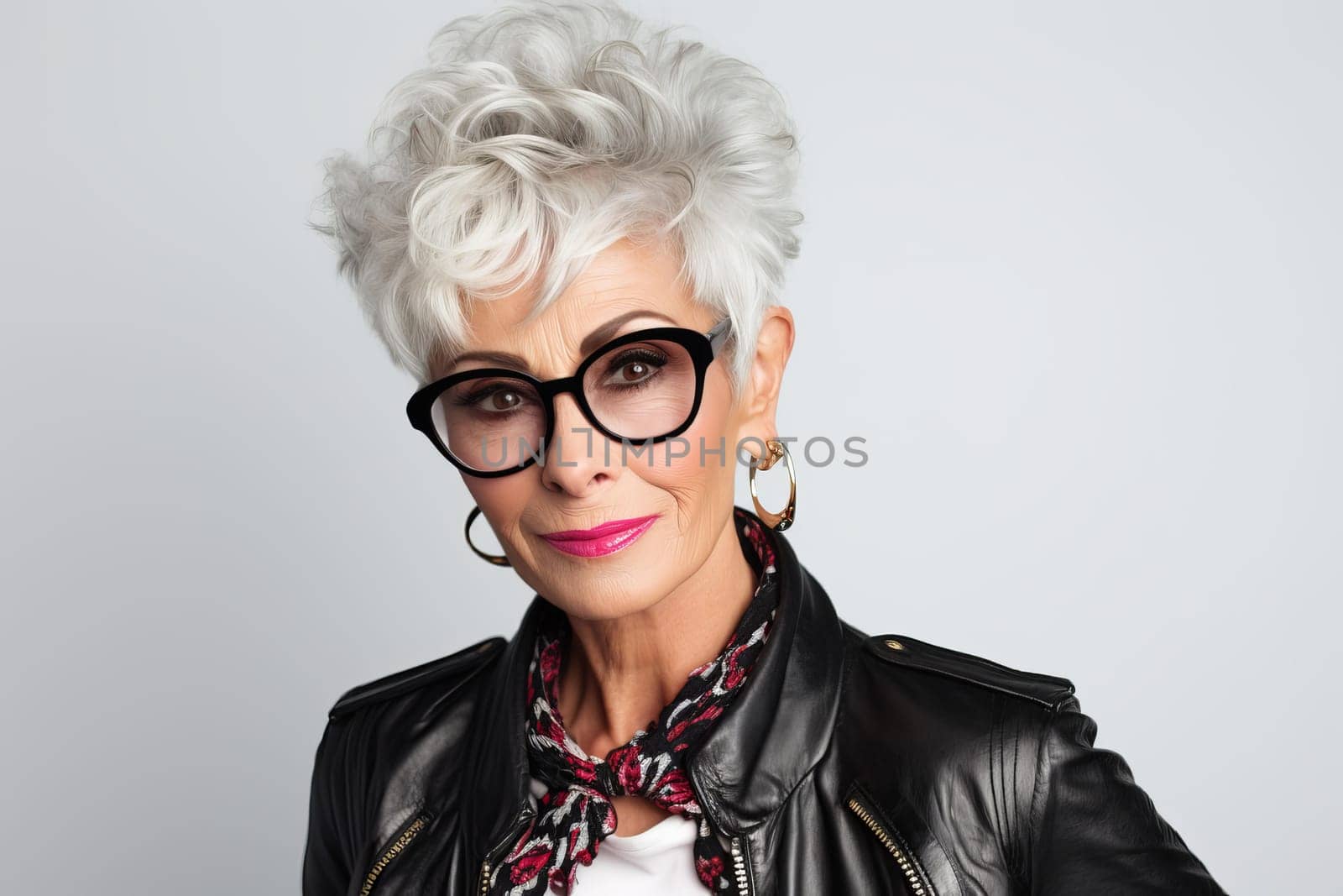 Portrait of stylish trendy senior woman isolated on grey background. Elegant old woman with sunglasses. Generate ai