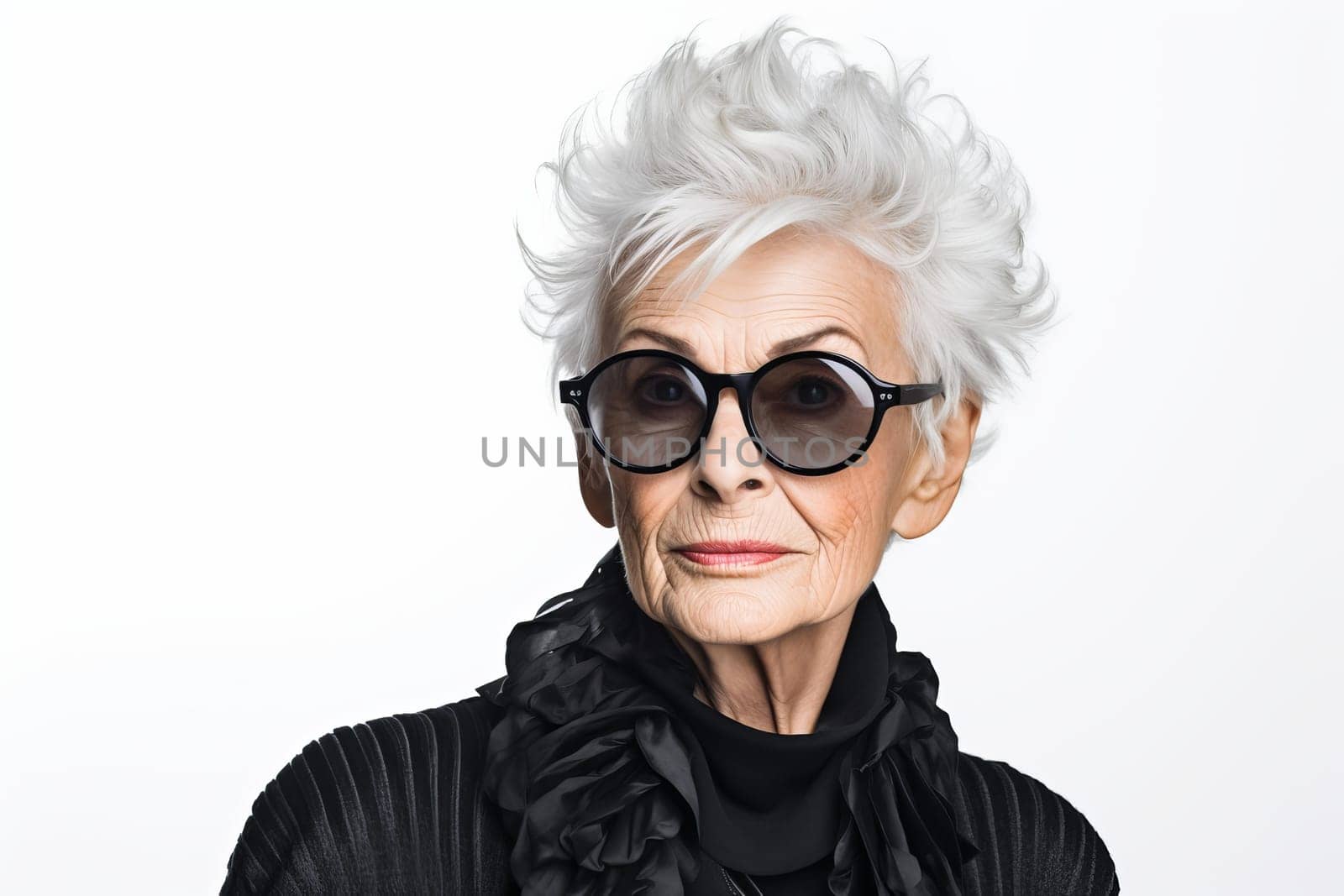 Elegant Portrait of stylish trendy senior woman isolated on white background. Elegant old woman with sunglasses. Generate ai