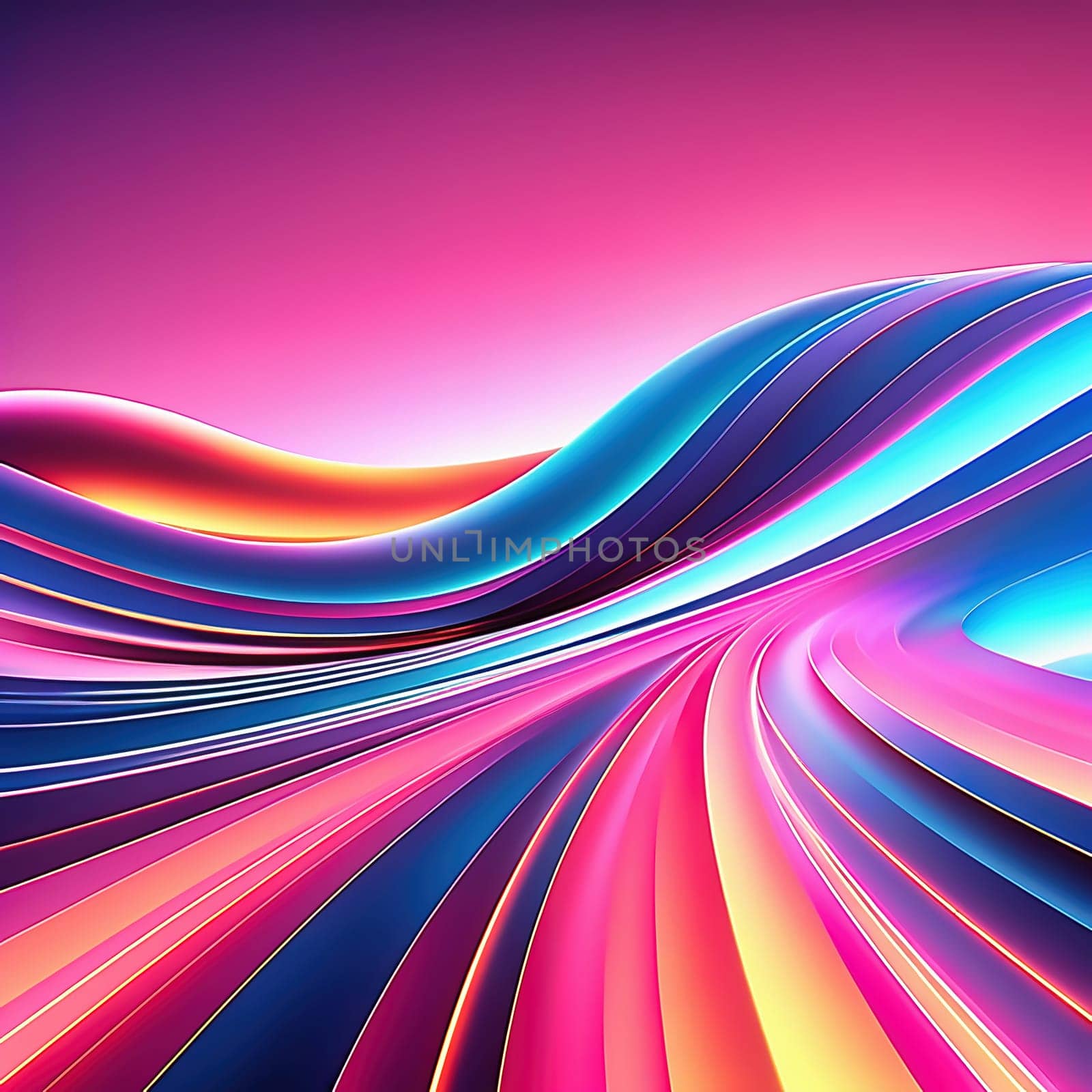 3d render. Abstract panoramic background of twisted dynamic neon lines, in wave form, glows in the dark space. Virtual fluorescent ribbon loop.