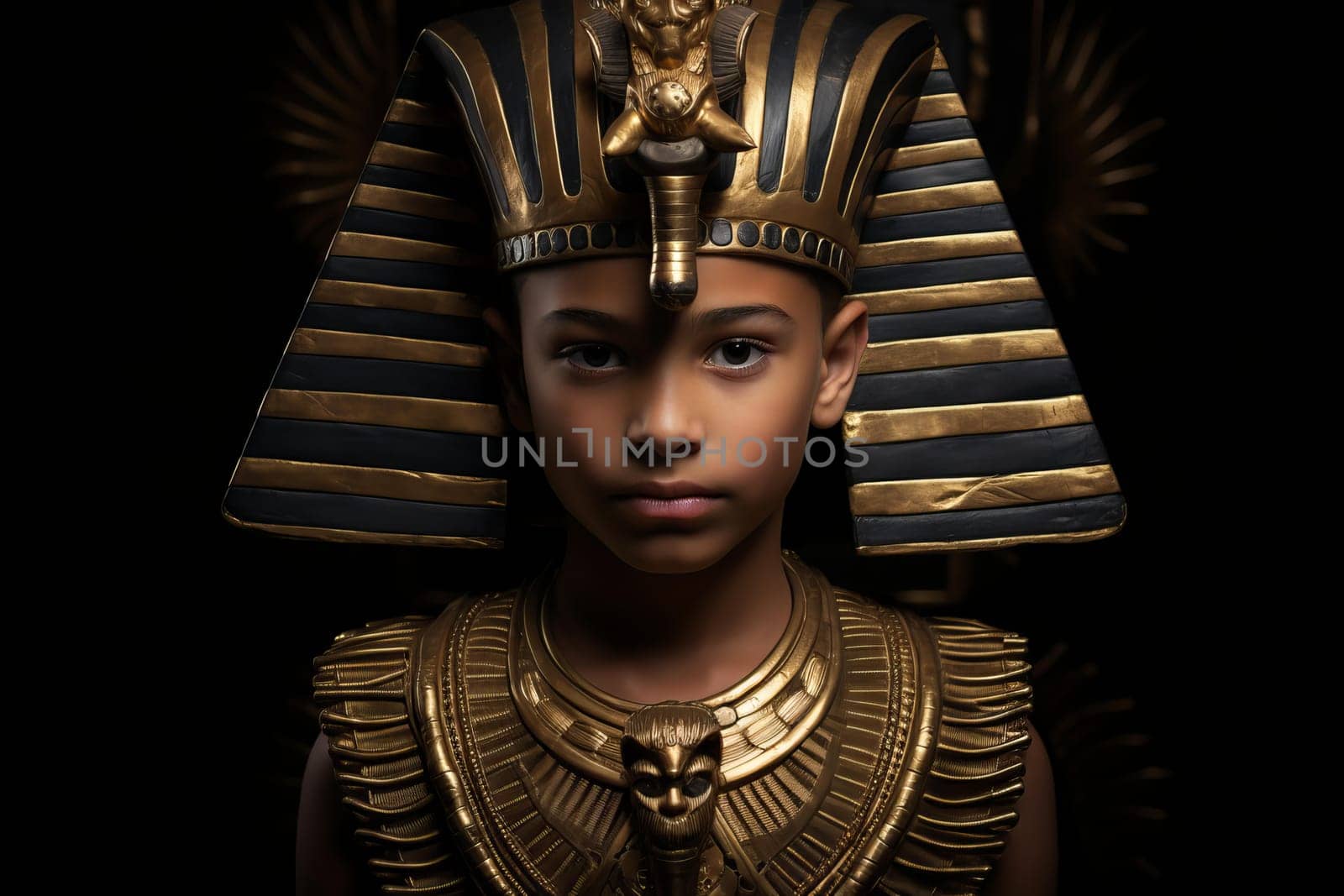 Mysterious Portrait of young tutankhamun. Religion golden. Fictional person. Generate Ai