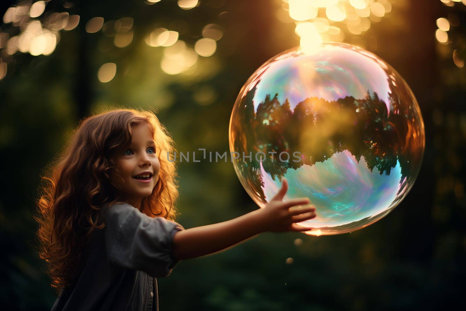 Cheerful Positive girl holding bubble balloon. Love child person joy happy. Generate Ai