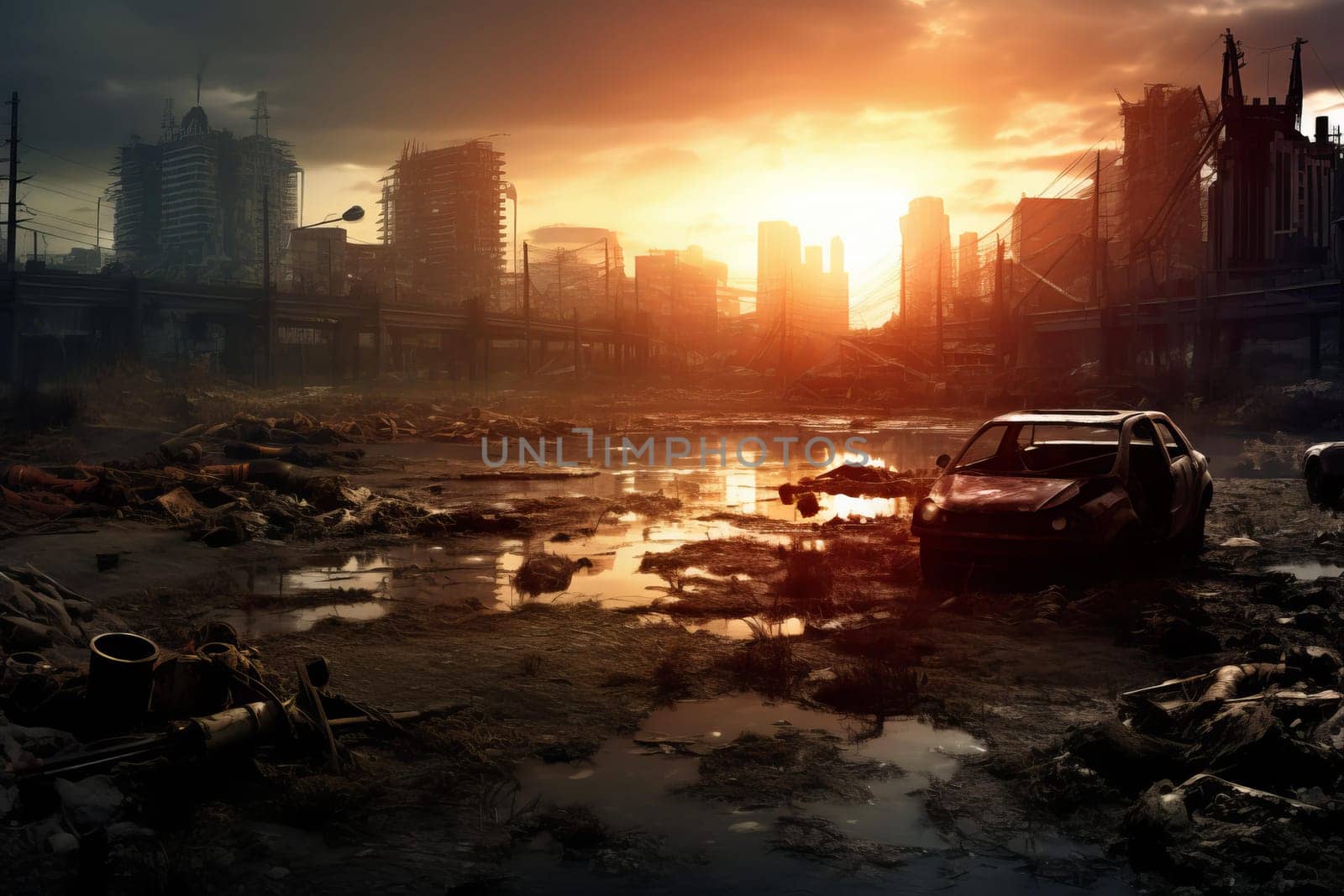 Post apocalyptic city. Ruin war disaster. Generate Ai