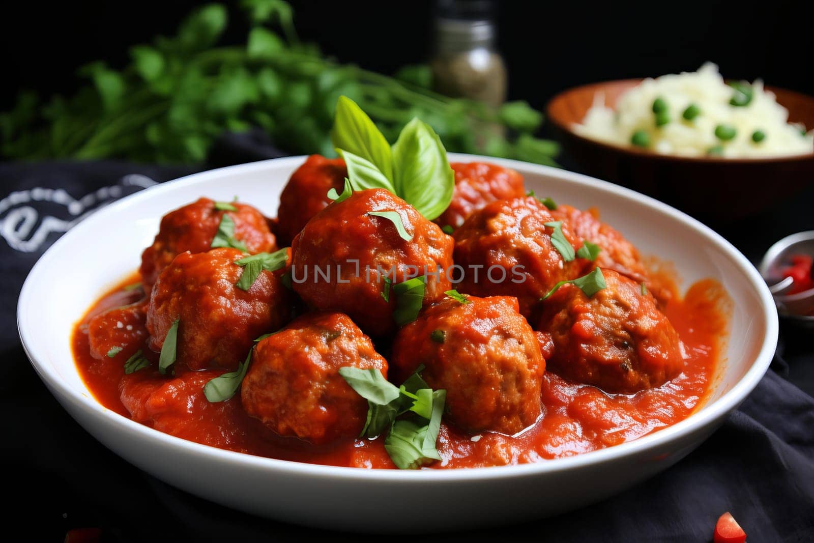 Flavorful Serving bowl with white poultry meatballs sauce. Creamy dairy sauce with delicious chicken balls. Generate ai