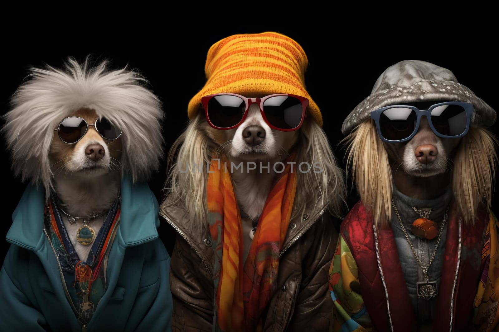 Fashionable Positive dogs dressed modern. Outfit pet. Generate Ai