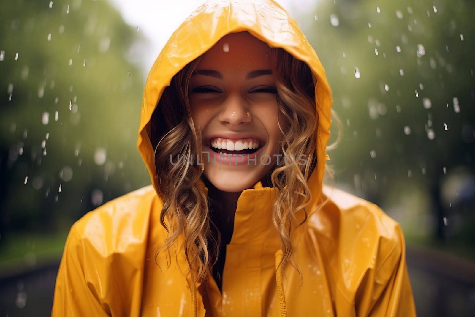 Cheerful Happy positive woman in raincoat. Lady street joy rainy weather. Generate ai