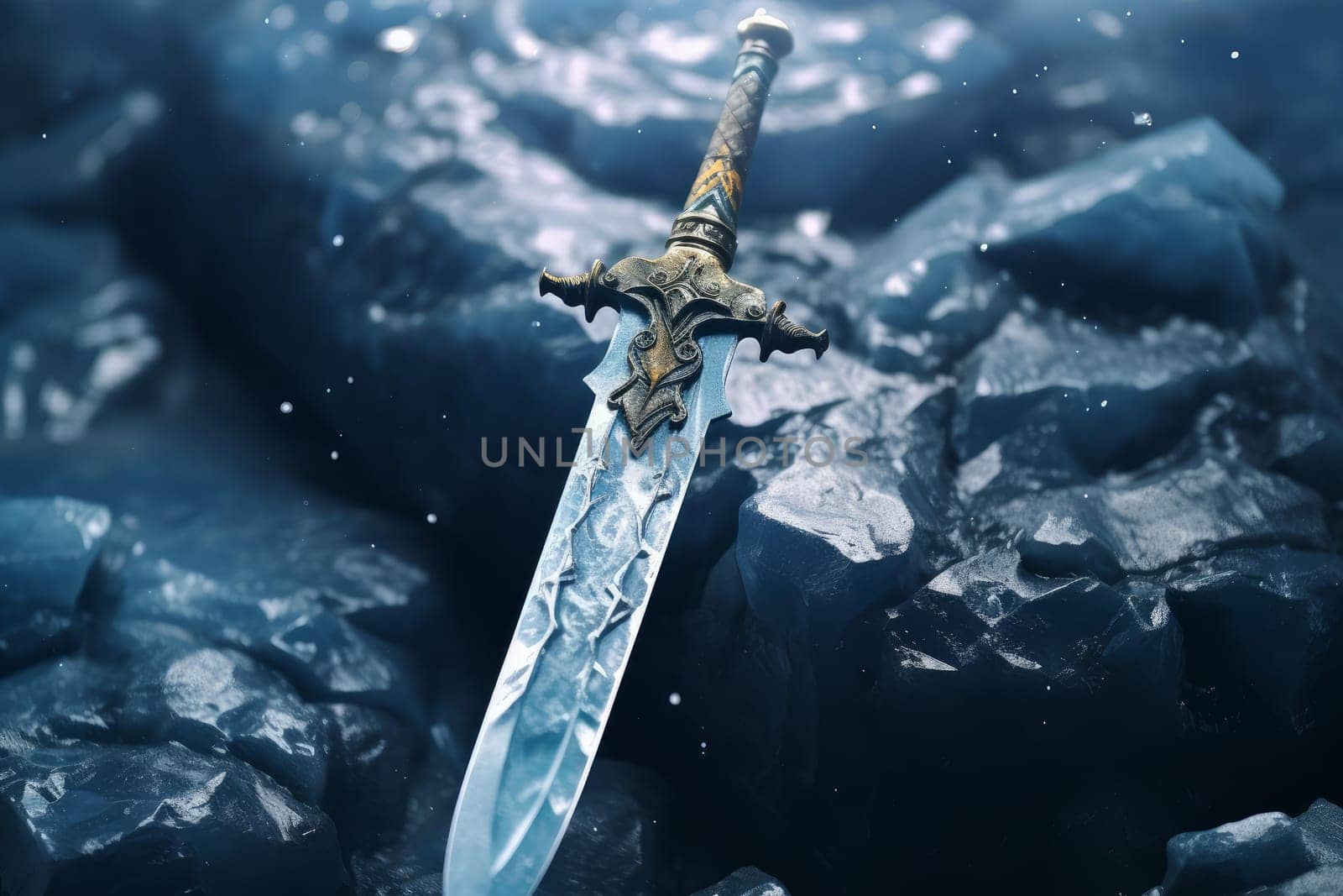 Formidable Powerful frozen sword. Sky nature. Generate Ai