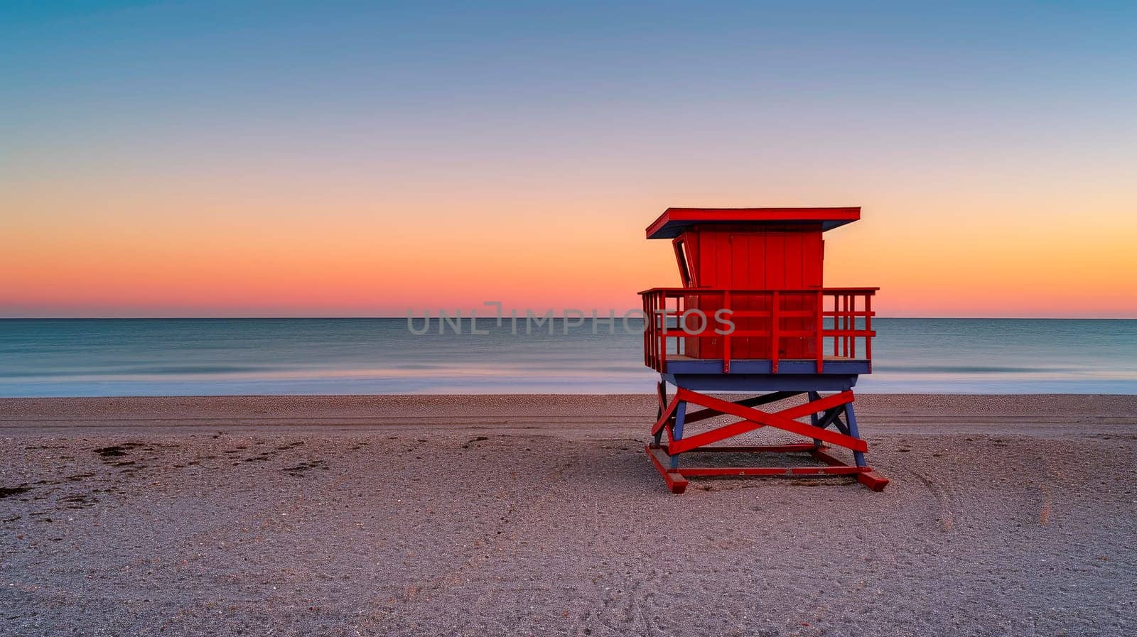 Lifeguard stand on empty beach in front of sunset sky. AI generated
