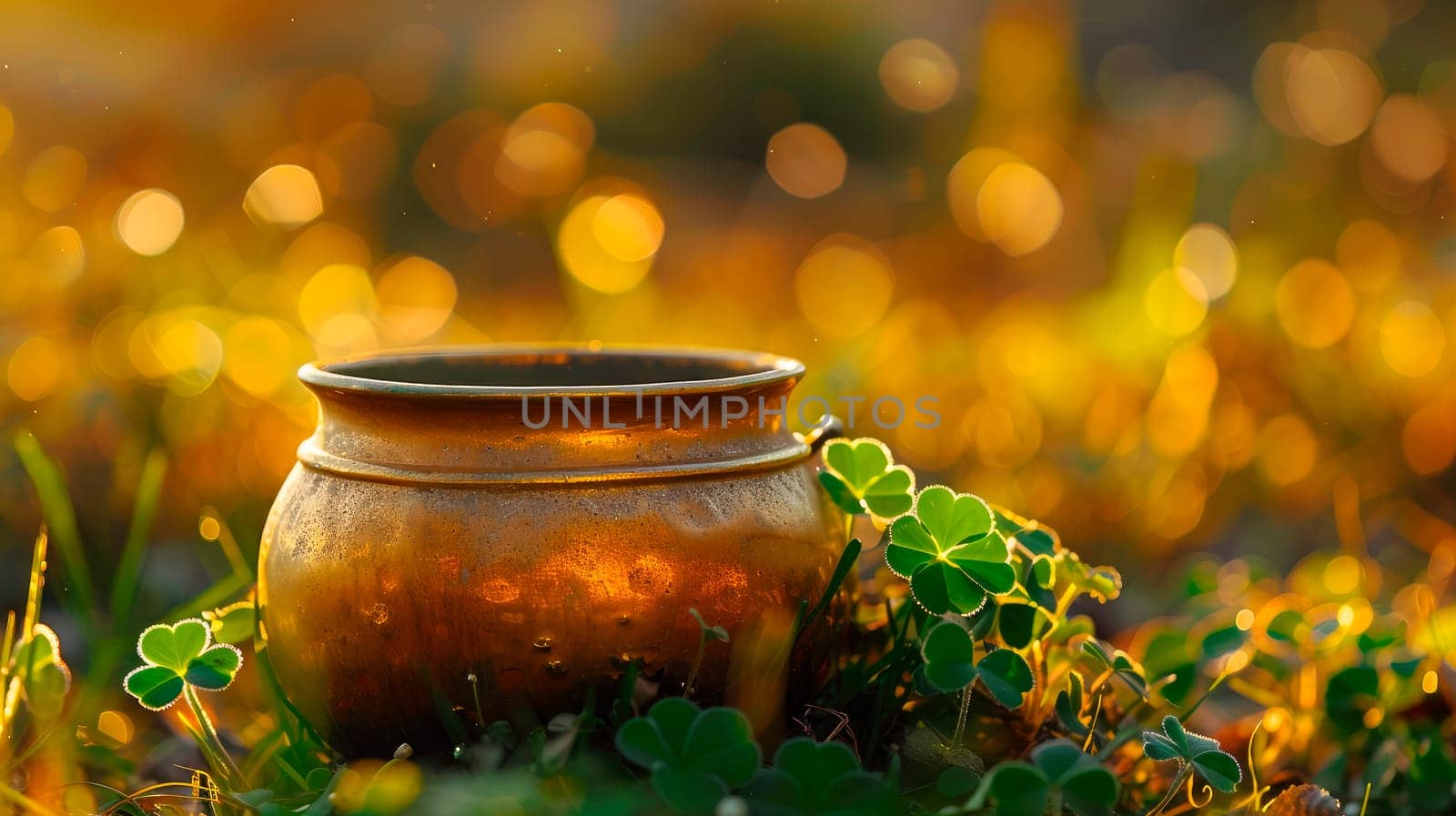 Golden treasure pot at meadow with green clovers.  AI generated