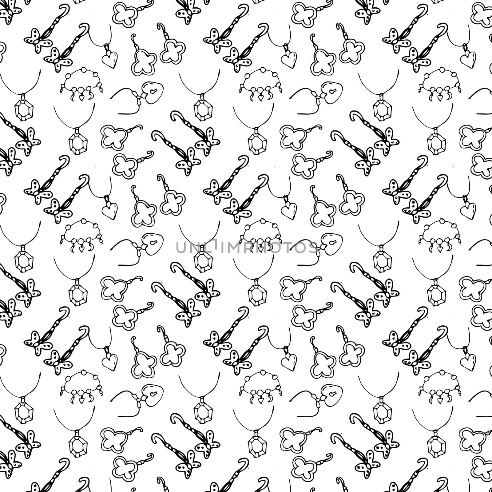 Seamless pattern of sketches various female jewerly with diamond and pearl. Vector illustration isolated. Can used for textile, wrapping paper, cover design, beauty background.