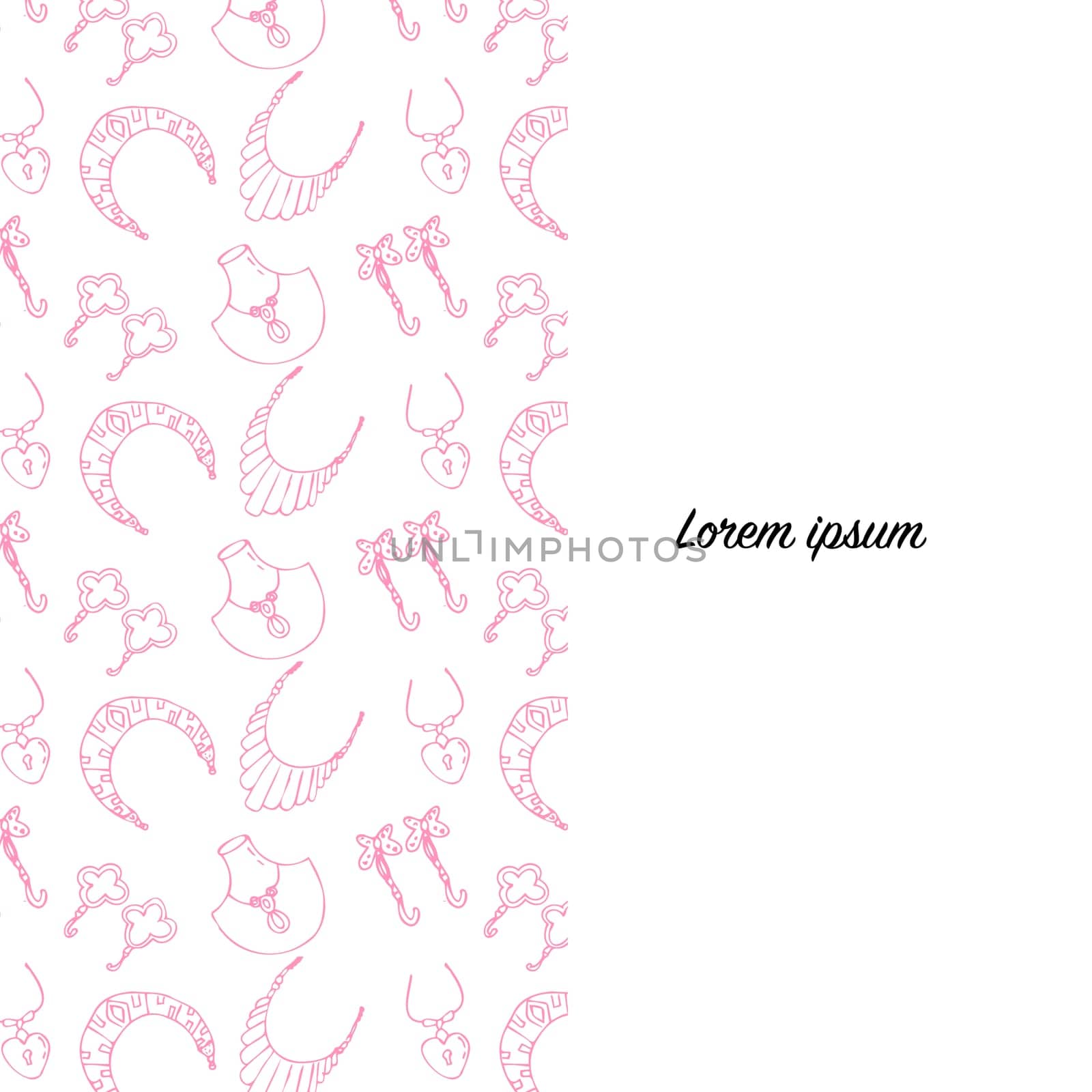 Seamless pattern of Hand drawn pink various female jewerly. Vector illustration isolated. Can used for textile, wrapping paper, cover design, beauty background.