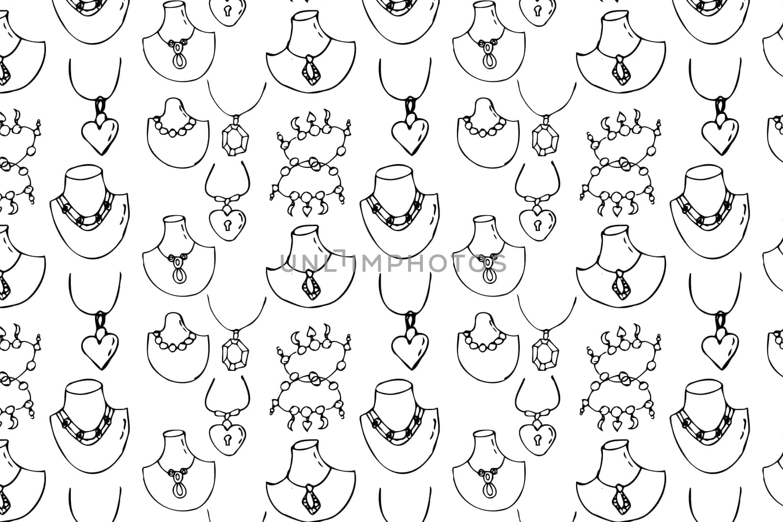 Seamless pattern of sketches various female jewerly on mannequin. Vector illustration isolated. Can used for textile, wrapping paper, cover design, beauty background.