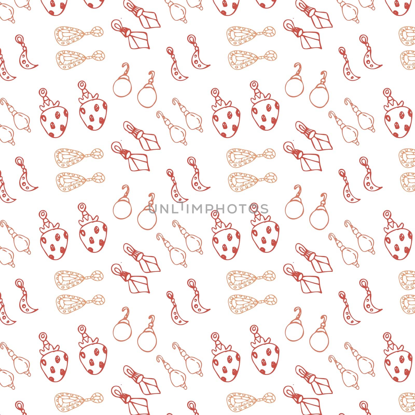 Seamless background of sketches various female jewerly earrings. Vector illustration isolated. Can used for textile, wrapping paper, cover design, beauty background.