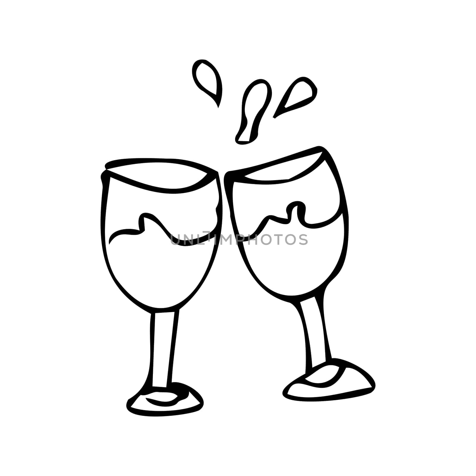 hand drawn doodle celebration glasses with alcohol beverage. Vector illustration for celebration toast concept. Can used for greeting card, banner, poster. Hand drawn sketch with drink in glasses and splash.