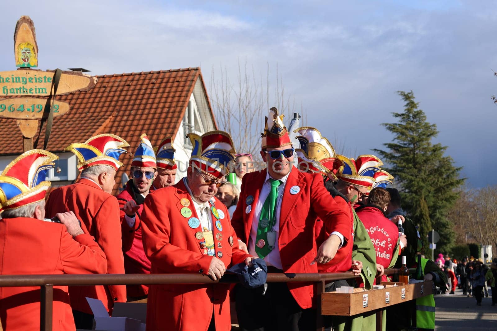 Theme picture - Carnival Carnival  The fools are on the loose at the Alemannic-Swabian Carnival. As here in Hartheim am Rhein,the jesters parade through the streets,here the parade float of the Hartheim Rhine spirits with the Narrenrat/Elferrat