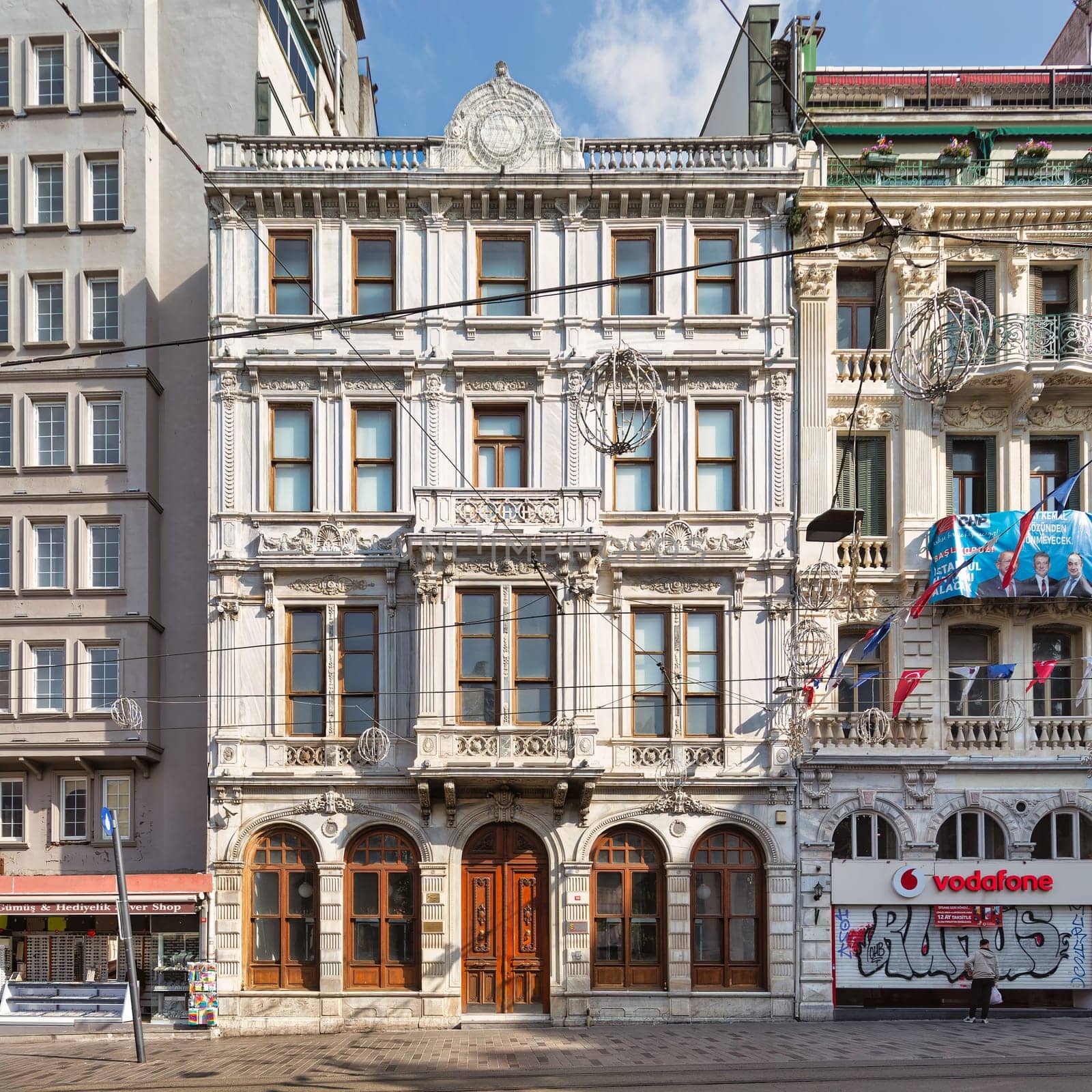 Istanbul, Turkey - May 13, 2023: Captivating Galatasaray Museum housed in a beautiful historic building on Istanbul's vibrant Istiklal Street