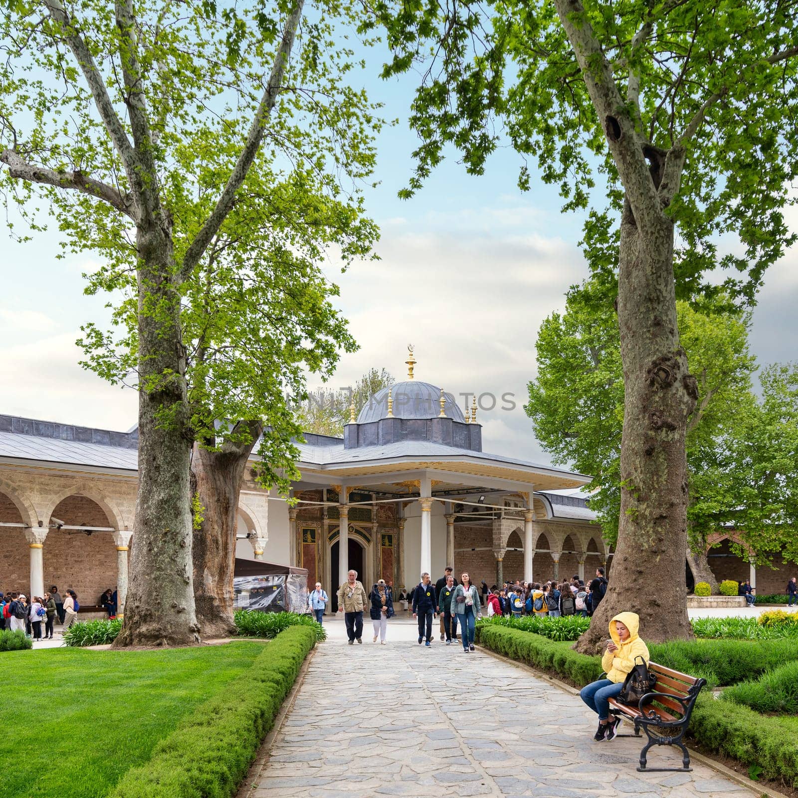 Istanbul, Turkey - May 11, 2023: 16th century Ottoman style Gate of Felicity, entrance to the Third Courtyard of the Topkapi Palace
