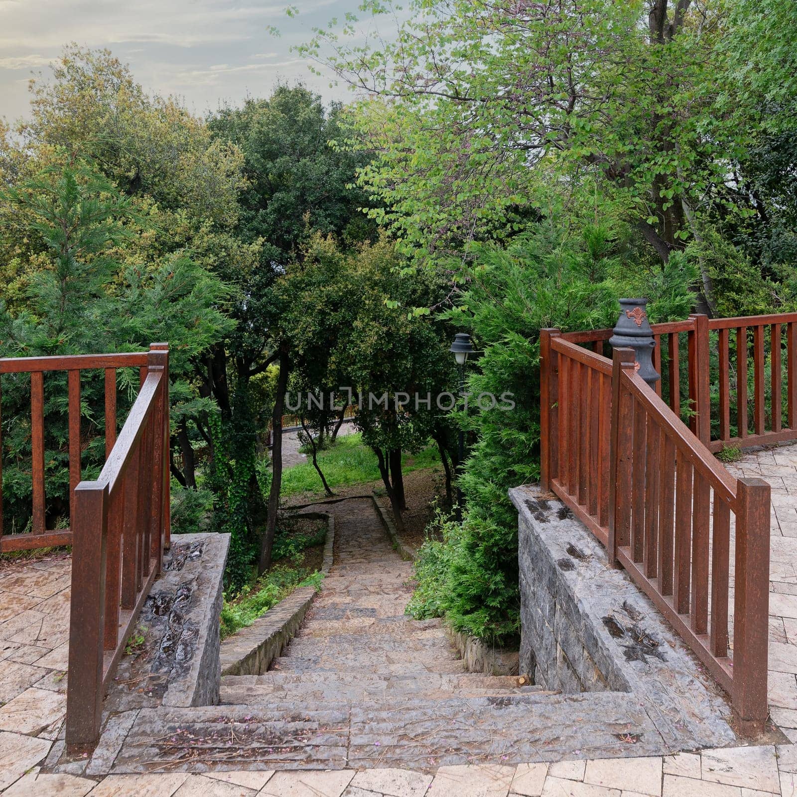 The stone staircase surrounded by rich greenery leads down to a tranquil garden area, capturing the peaceful essence of a park at twilight