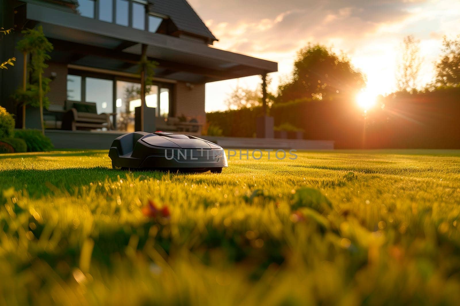 Autonomous electric lawn mower mows grass in the yard of a private house. AI generated