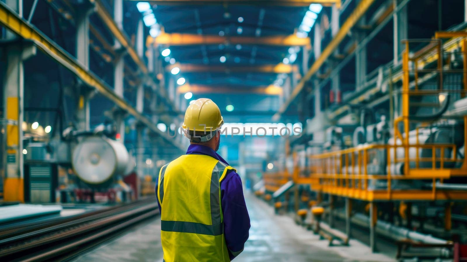 Engineer with a hard hat and jacket stand with his back to the camera in the factory. AI generated