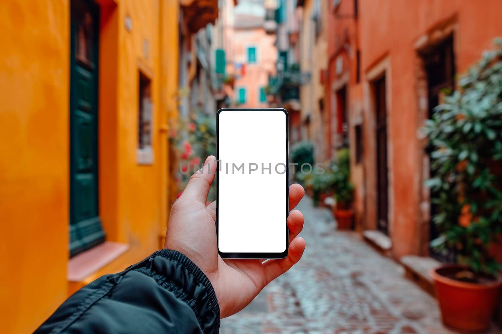 Man holding smartphone showing white blank screen. AI generated