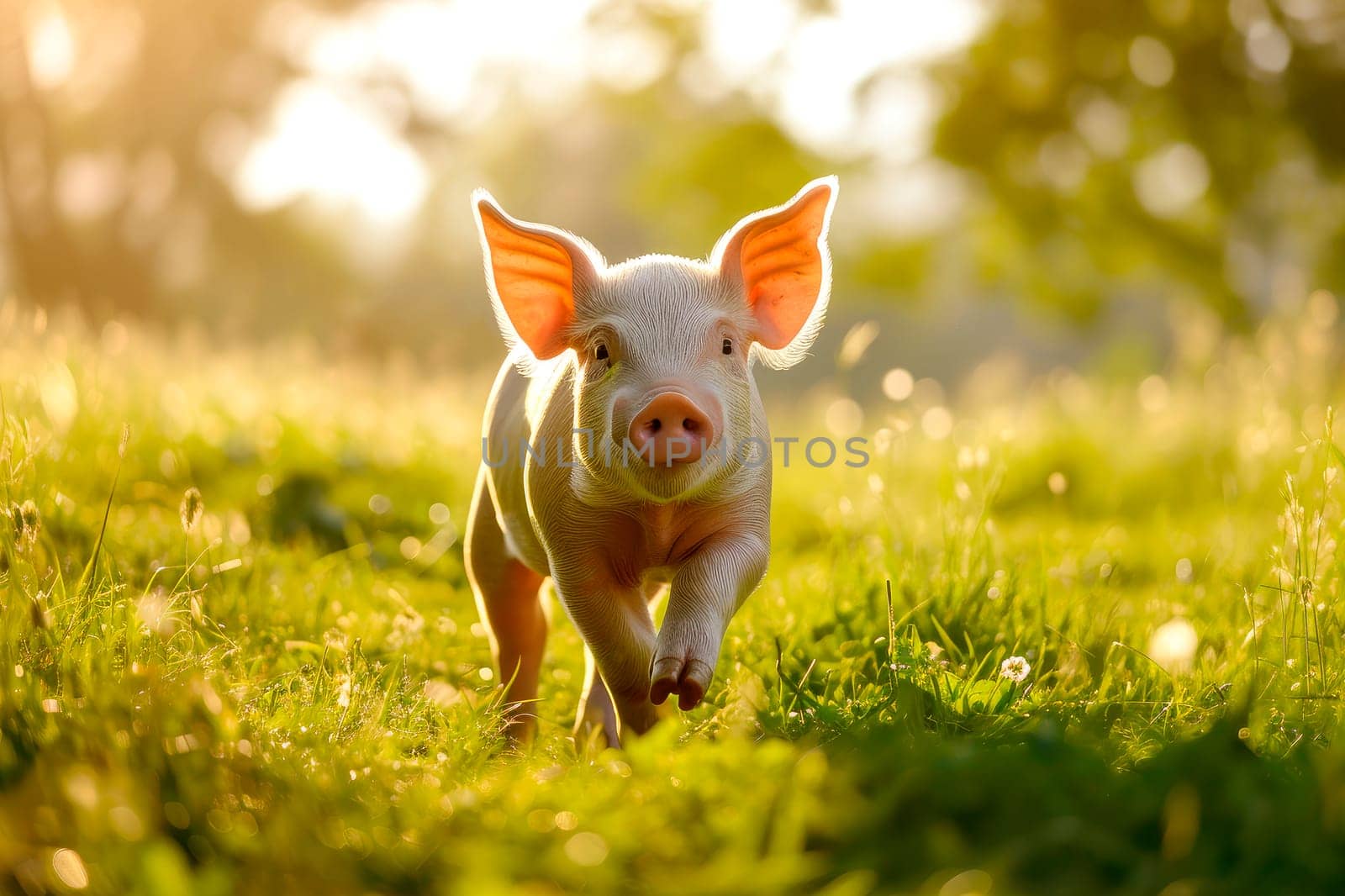 Happy pig running on a green meadow, ecological farming concept. AI generated
