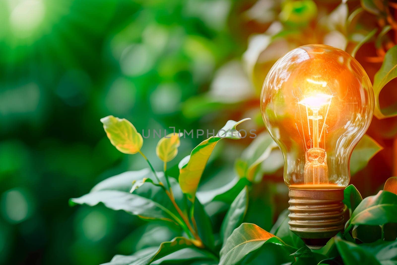 Glowing lightbulb on a green natural backgrounds, concept of green  energy and sustainable living. AI generated