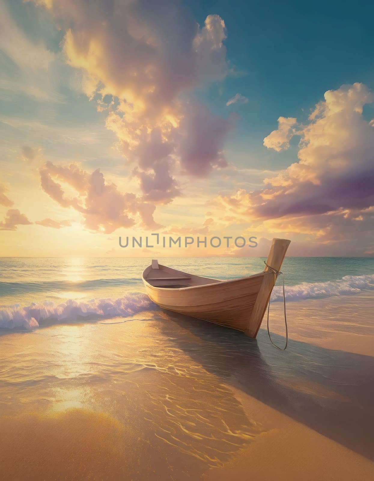 Dreamlike scene with a wooden boat on the beach. Sea sunset in pastel colors