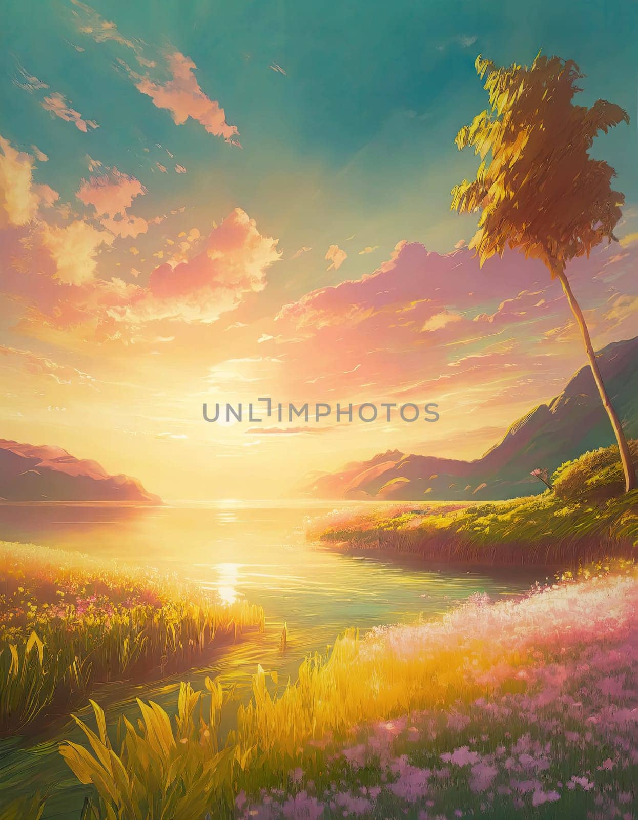 Beautiful illustration of riverside scenery, summer season in pastel colors. Blooming purple flowers on the river bank lit by the golden sunset light
