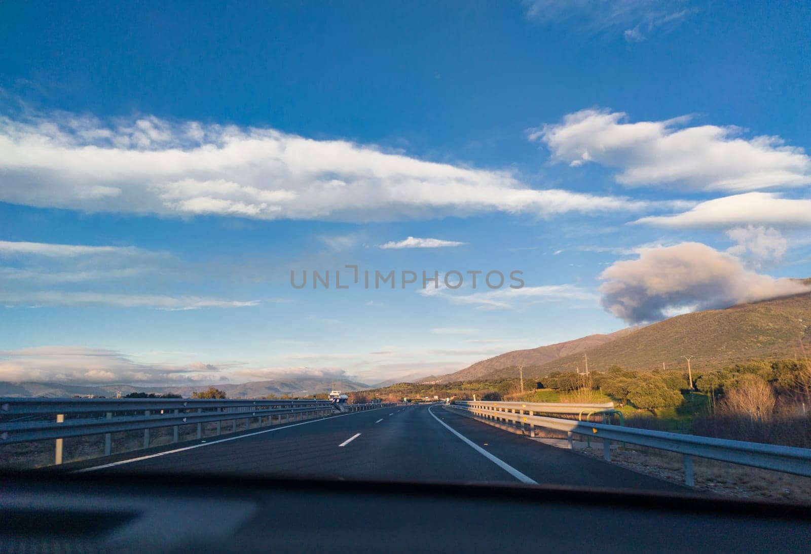 Caceres, Spain - January 19th, 2024: Driving along Autovia A-66, Caceres North section. The major highway in western Spain