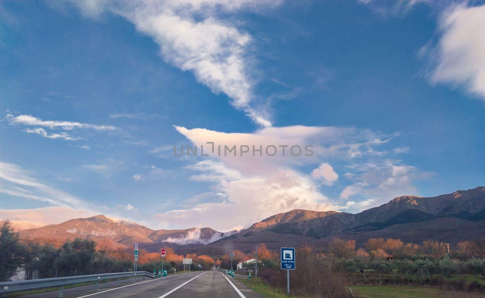 Caceres, Spain - January 19th, 2024: Driving along EX-205, conecting A-66 with Hervas, Caceres, Spain