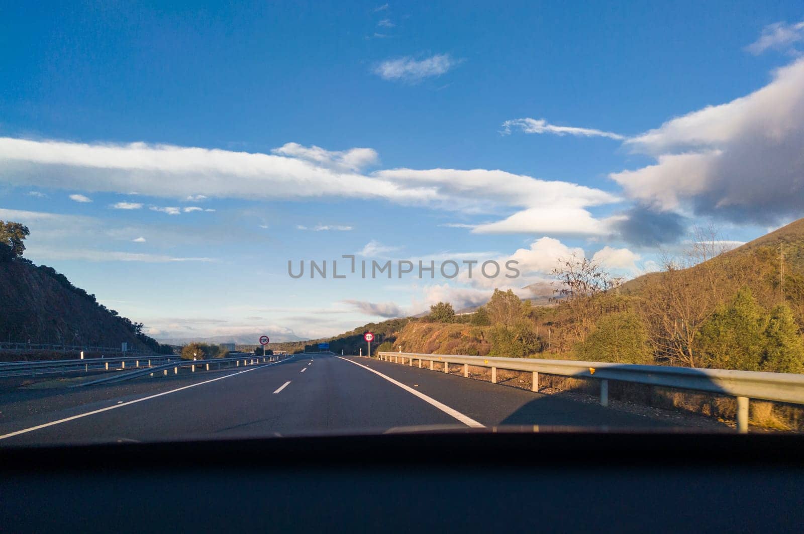 Caceres, Spain - January 19th, 2024: Driving along Autovia A-66, Caceres North section. The major highway in western Spain