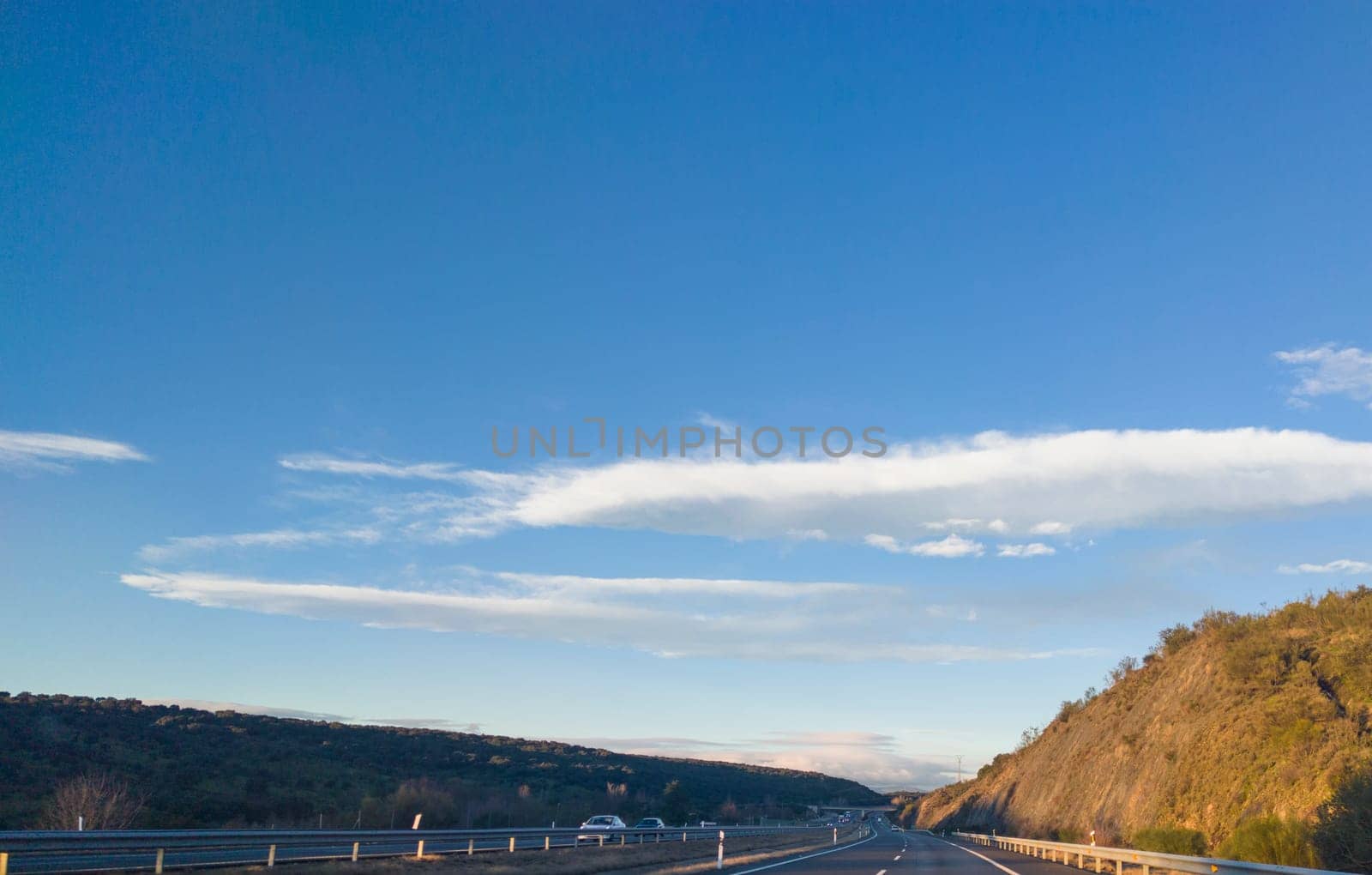 Caceres, Spain - January 19th, 2024: Driving along Autovia A-66, Caceres North section. The major highway in western Spain