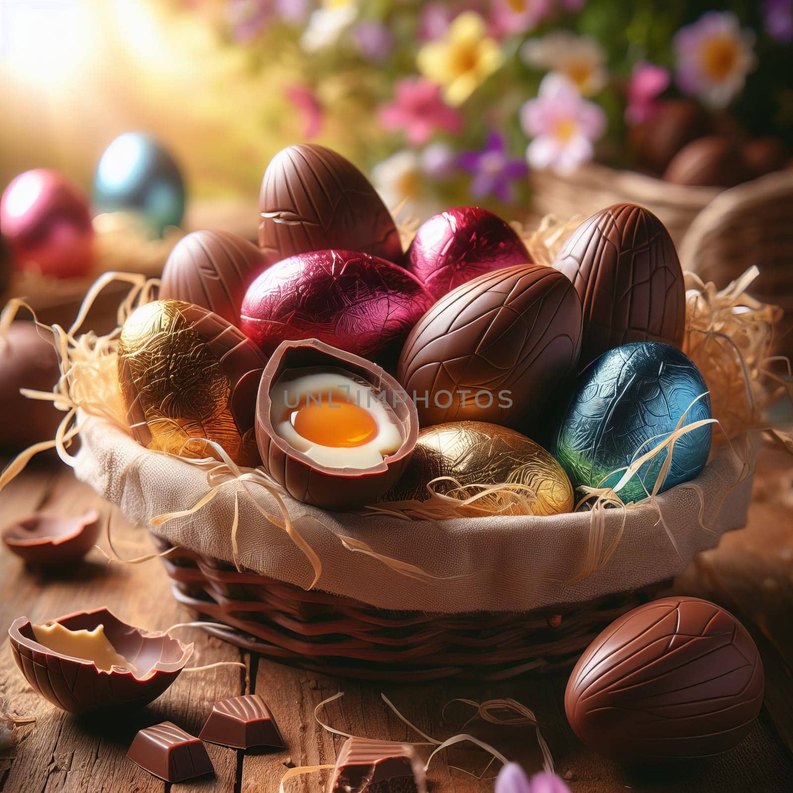 Colorful Easter eggs in a basket, amidst flowers and chocolates, under warm sunlight