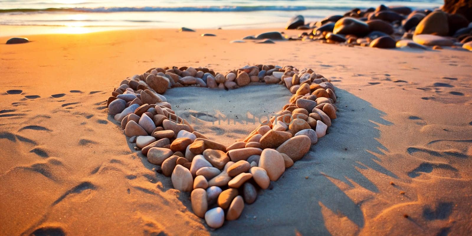 Heart-shaped stones on a sandy beach, illuminated by the warm colors of a sunset. A romantic scene perfect for expressing love