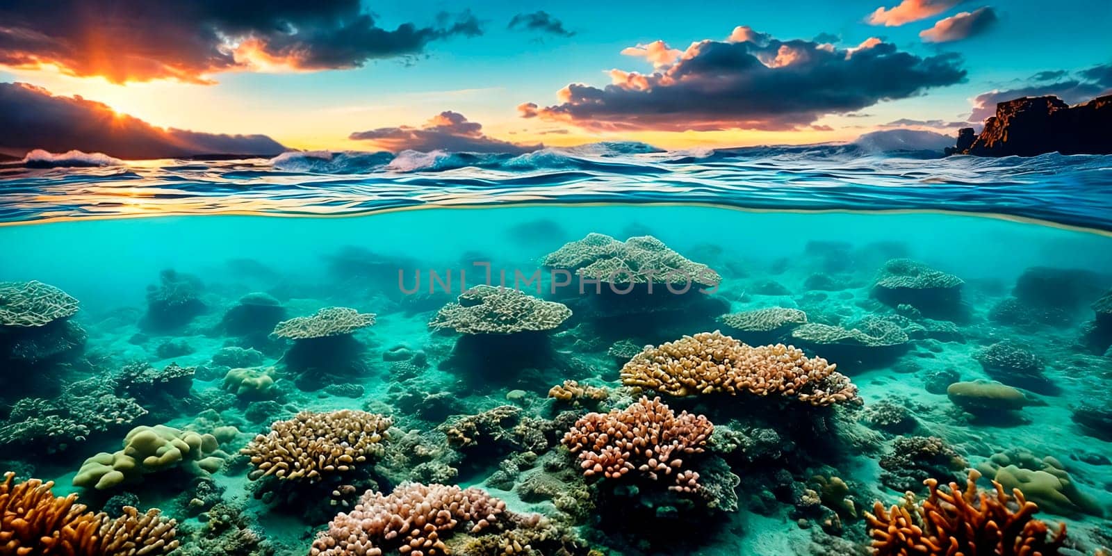 A vivid sunset paints the sky with warm hues as the sea surface mirrors the colorful spectacle, while below, a diverse and vibrant underwater panorama unfolds. Generative AI